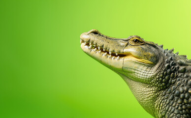 Fototapeta premium Crocodile on a green background with space for your text