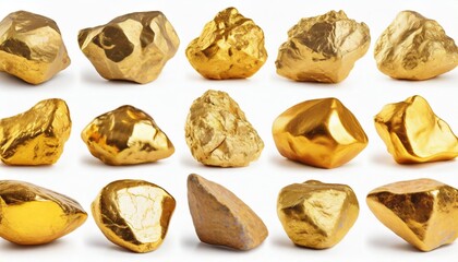 golden stones set on white background isolated close up gold nuggets collection yellow metal rocks...