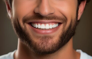 Fototapeta premium Warm Man beautiful smile. White dental. Generate Ai