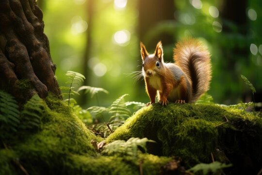 Fototapeta Playful squirrel in a lush green forest