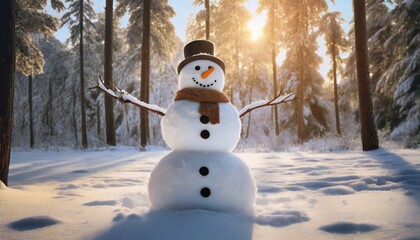 cheerful snowman in sunset snowy forest