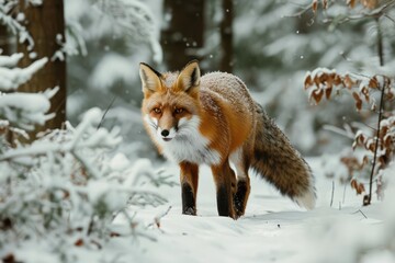 Rust-colored fox prowling through a snowy forest