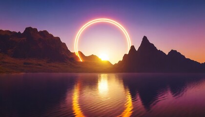 Fototapeta na wymiar 3d render abstract wallpaper with sunset or sunrise and round geometric shape mystic landscape with mountains water and glowing neon ring