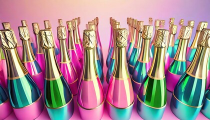 bottles of champagne in a rainbow colored pattern 3d animated 3d rendering animation in the style of light magenta and light aquamarine