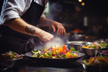 Professional chef preparing meal in high end restaurant kitchen