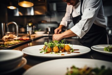 Professional chef preparing meal in high end restaurant kitchen