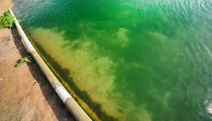 dirty green chemical polluted water flows into the river the lake the sea from the pipe top view environmental pollution ecological catastrophe