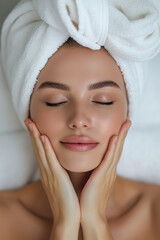 Happy beautiful young woman with white towel turban on head relaxing and enjoying facial treatment