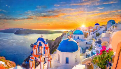 fantastic mediterranean santorini island greece amazing romantic sunrise in oia background morning light amazing sunset view with white houses blue domes panoramic travel landscape lovers island - obrazy, fototapety, plakaty