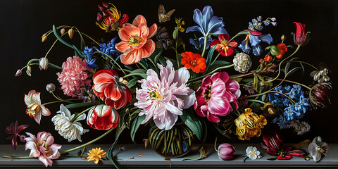 Uma pintura a óleo clássica retratando uma disposição de flores em um vaso, mostrando...