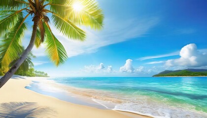 tropical island paradise beach nature blue sea wave ocean water green coconut palm tree leaves yellow sand sun sky white clouds beautiful caribbean landscape summer holidays vacation travel