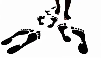 Fotobehang human black footprints way white background isolated barefoot person foot print pattern walking path footsteps silhouette illustration bare feet route trail ink imprint stamp mark sign symbol © Irene
