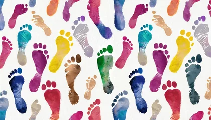 Foto op Canvas cross ways colorful human footprints white background isolated multicolor watercolor barefoot footsteps pattern chaotic foot print walking paths bare feet routes chaos illustration crossing lines © Irene