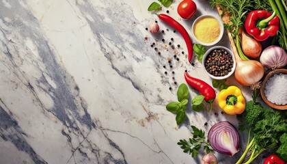 fresh vegetables and spices on marble surface - obrazy, fototapety, plakaty