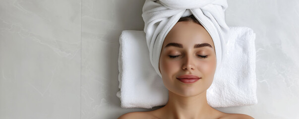 Happy beautiful young woman with white towel turban on head relaxing and enjoying facial treatment - obrazy, fototapety, plakaty