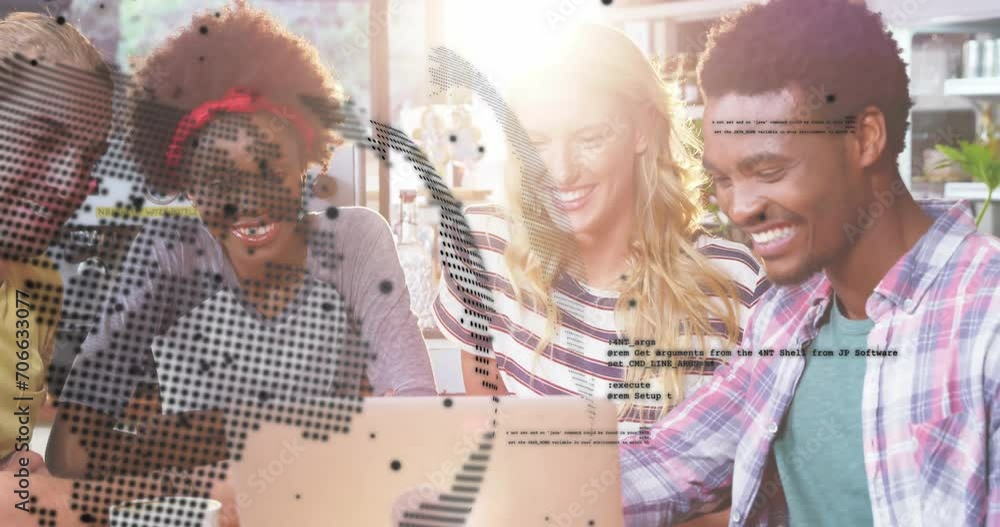 Poster animation of global network and processing data over happy diverse friends using laptop at cafe