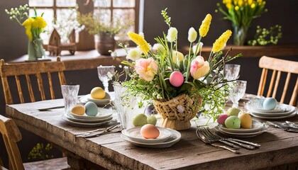 Fototapeta premium A rustic table featuring a beautiful floral centerpiece and place settings ready for an Easter luncheon