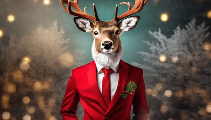 reindeer dressed in a classy red suit standing as a successful leader and a confident gentleman fashion portrait of an anthropomorphic animal deer posing with a charismatic human attitude