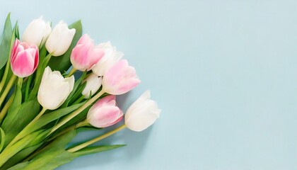 beautiful composition spring flowers bouquet of pink white tulips flowers pastel blue background valentine s day easter birthday happy women s day mother s day flat lay top view copy space