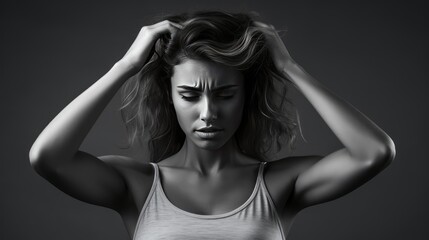 impactful image featuring a young woman, expressing stress by touching her temples.