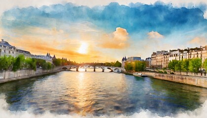 beautiful digital watercolor painting of the seine river at sunset in paris france