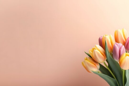 Photo pretty tulips on pastel background with copyspace at the bottom 8K, super detailed, full color, Ultra high definition, ultra sharp high details, raw image, professional rendering, Sharpness in t