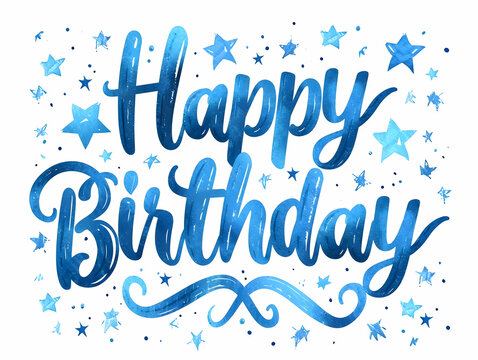 Happy Birthday handwritten text in blue color with stars isolated on a white background. Birthday celebration. High-resolution