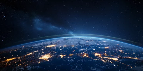 Photo sur Plexiglas Europe du nord Communication satellite, Earth below with visible city lights of North America at night