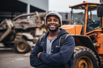 Smiling construction worker with heavy machinery in background