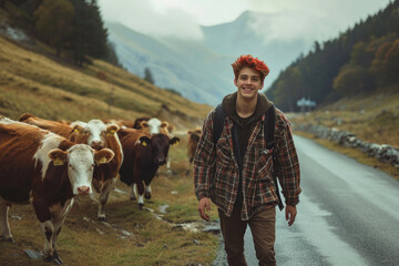 Cow Herding Adventure: Smiling Rancher Treks Alpine Route with Livestock