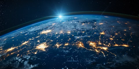 Papier Peint photo Europe du nord Communication satellite, Earth below with visible city lights of North America at night