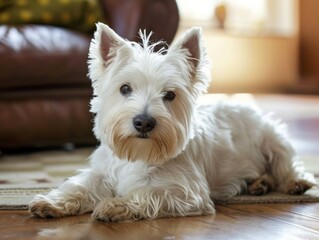 A West Highland White Terrier lying down inside a cozy home.