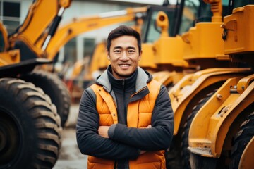Smiling construction worker with heavy machinery in background