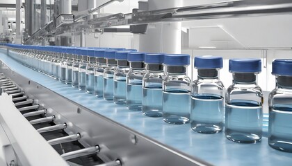 3d render conveyor with the glass jars modern pharmaceutical factory closeup of ampules are being filled with vaccine and closed with blue caps medical wallpaper