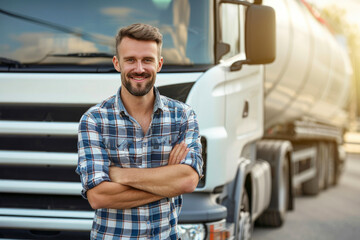 Happy Man in Front of Commercial Vehicle