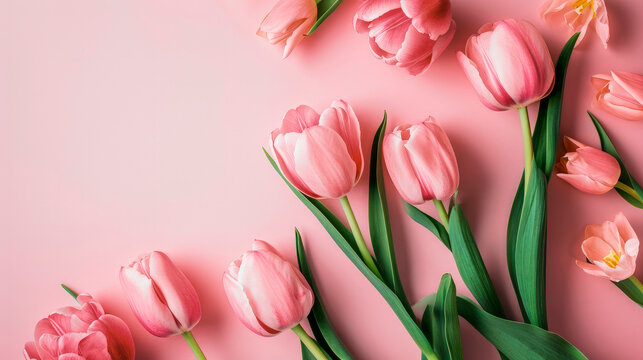 Fresh spring pink tulips. Spring flowers flat lay on pastel pink background and place for text. Festive concept for Valentine's Day or Mother's Day. Top view. Copy space.