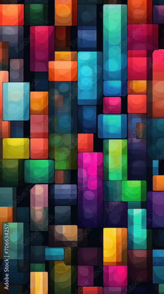 Poster a dynamic background with a collection of neon geometric shapes, presenting a futuristic and digital