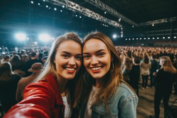 Fototapeta premium Two smiling young women taking selfie at concert