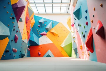 Interior of artificial rock climbing walls in gym