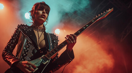 Glam rock fashion portrait, leather and studs, electric guitar prop, dramatic stage lighting - obrazy, fototapety, plakaty