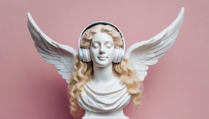 a white plaster or marble statue bust of a beautiful young woman with long wavy hair and headphones listening to music a classic figure isolated on a pink wall background like a muse or an angel - obrazy, fototapety, plakaty