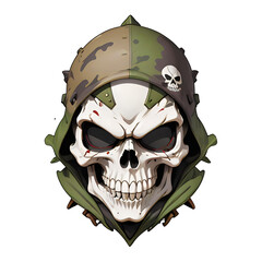 Fototapeta premium Veteran's Valor: Skull in Military Helmet Illustration. captures a skull donned in a camouflage military helmet, symbolizing bravery and remembrance. Ideal for veteran tribute, gaming, and edgy design