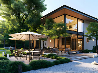 A modern country house with tables chairs and a garden outdoors. High quality