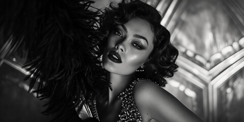 Glamour portrait of a woman with Hollywood curls, luminous skin, dramatic makeup, black sequin gown