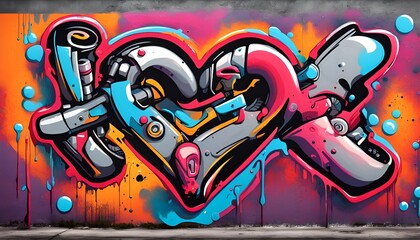Graffiti heart wall art graffiti love art, in the style of mechanized forms, detailed character illustrations, 32k uhd, saturated color scheme, realistic color schemes, mural painting, realistic hyper