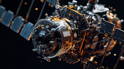 Fototapeta premium satellite’s sensors and technology, circuitry, isolated on black background