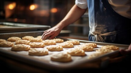 The warm glow of the oven light illuminates a tray of freshly baked cookies, ready to be enjoyed straight from the bakery. - obrazy, fototapety, plakaty