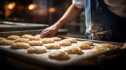 Foto op Plexiglas The warm glow of the oven light illuminates a tray of freshly baked cookies, ready to be enjoyed straight from the bakery. © Evarelle