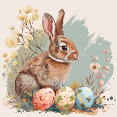 Charming illustration of a rabbit with decorated Easter eggs among spring flowers.