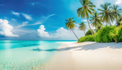 Fototapeta na wymiar beautiful tropical beach tranquil white sand palm trees turquoise sea bay sunny blue sky clouds perfect summer landscape background best relaxing vacation island of maldives luxury destination